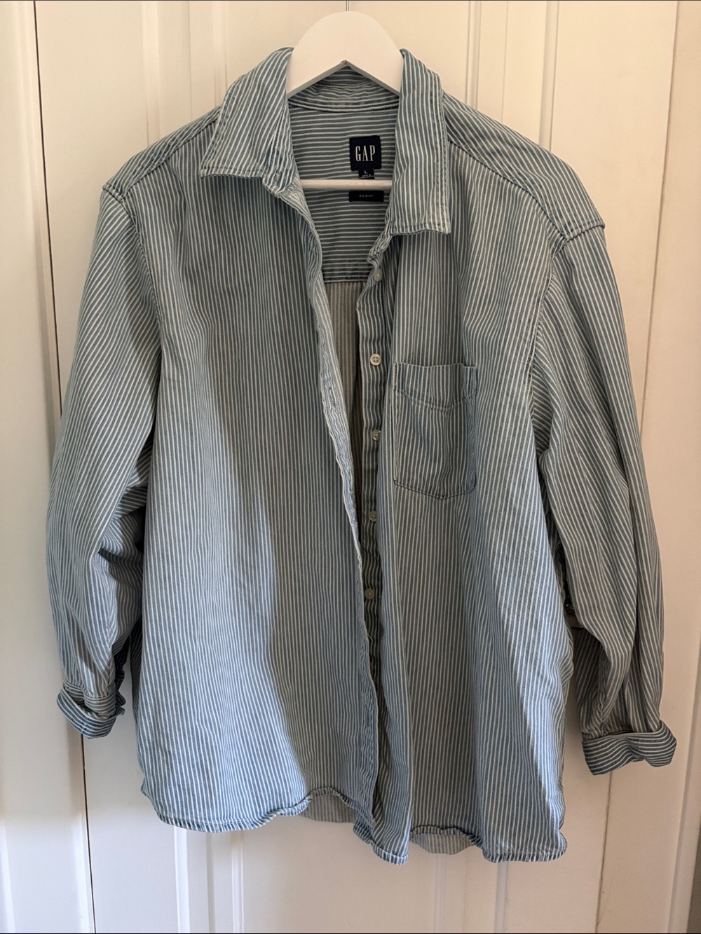 NWOT GAP • Light Blue Railroad Stripe Cotton Big Shirt (Size L)